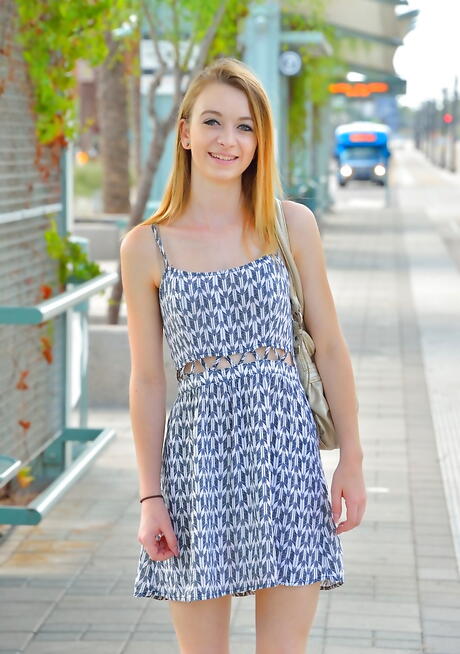 Excellent american blond youthful Kenzi Kellie in sexy skirt reveals small tits and plays with toy outside