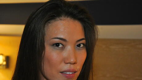 Curious american brunette Kalina Ryu sucking hot dick and takes a cumshot on face 