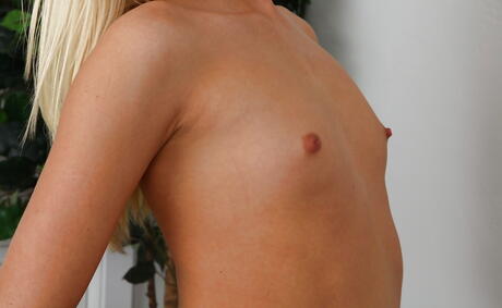 Rangy blonde young Roxxi Silver in fancy shorts unveiling small tits and jerking off 